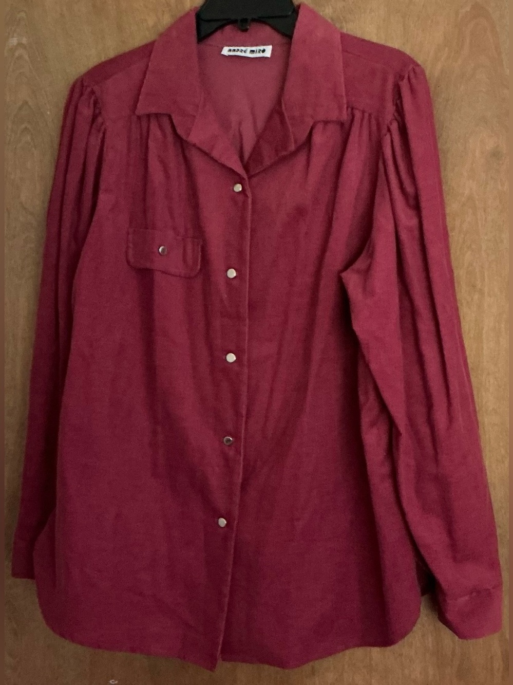 VTG 80's Andre Miro Corduroy Button Blouse Women Burgundy XL Gathered Shoulders
